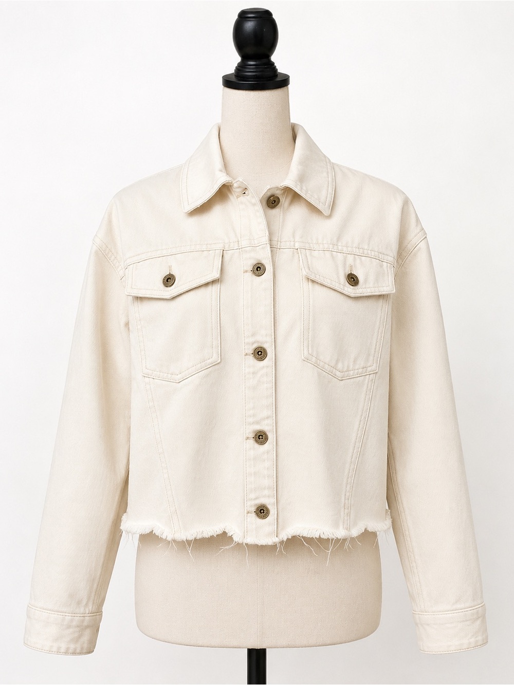 Zara Cropped Denim Jacket Small Ecru Raw Hem Button Front Oversized - Picture 4 of 5